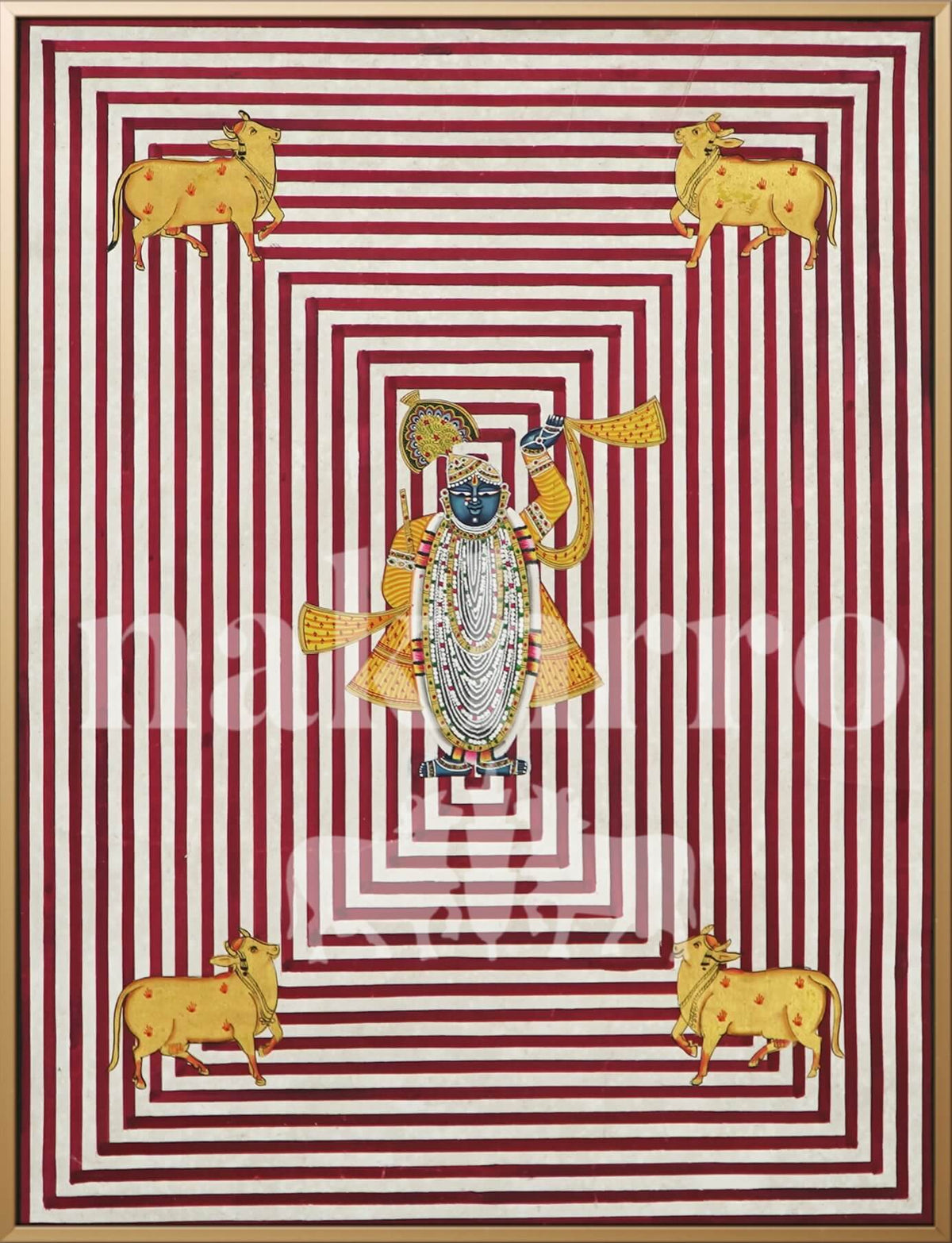 Shrinathji Geometric Pichwai | 18x18 inch Minimal Hand-Painted with 4 Kamdhenu Cows - Nakhrro