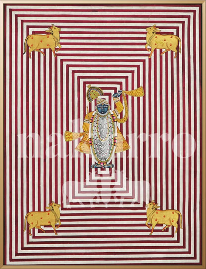 Shrinathji Geometric Pichwai | 18x18 inch Minimal Hand-Painted with 4 Kamdhenu Cows - Nakhrro