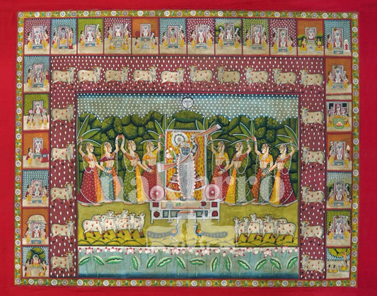 Shrinathji Raas Mandal Pichwai – Hand-Painted Original (5x4 ft, Cows & Darshan Border)