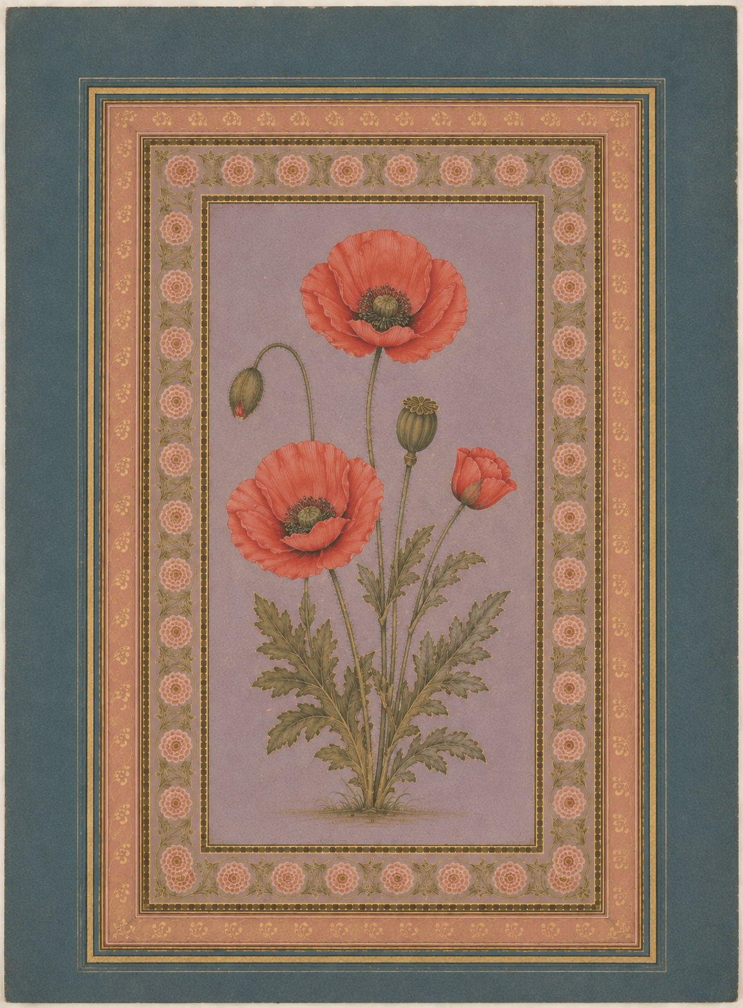 Red Poppy botanical miniature on lavender with ornate rose and teal borders
