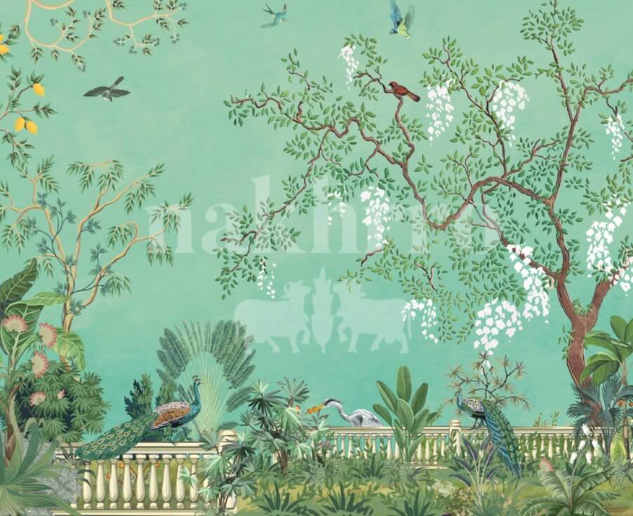 Peacock Garden Museum-Grade Art Print | Indian Palace Garden Scene