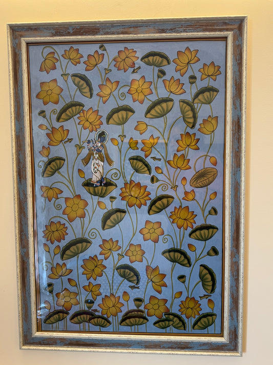 Framed Krishna On Blue Lotus Pond