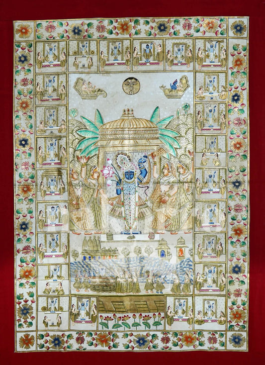 Pastel Shrinathji Darshan Pichwai – Hand-Painted Original (3x5 ft, Silver Detailing)