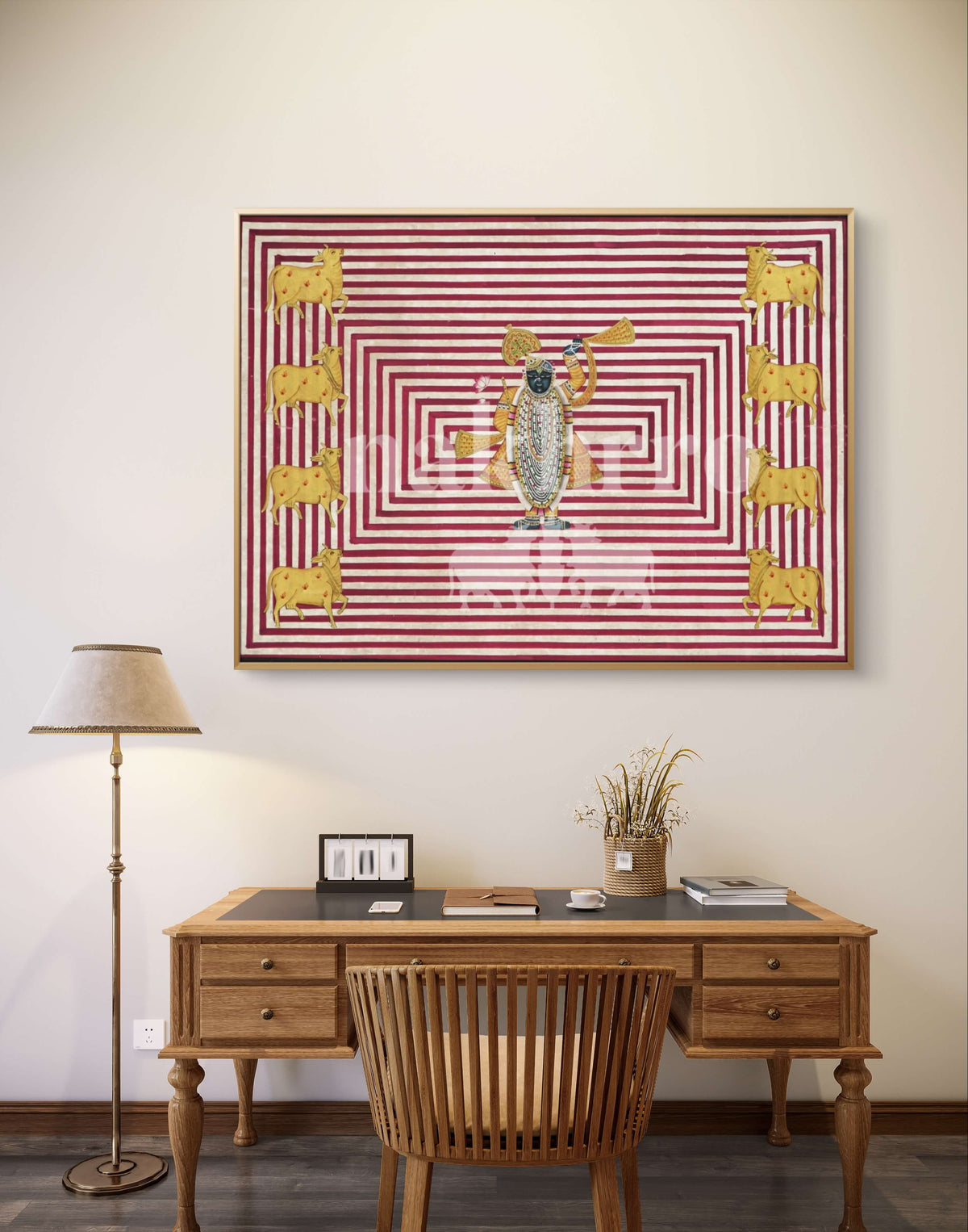 Modern Shrinathji Pichwai | 18x18 inch Hand-Painted with Kamdhenu Cows and Geometric Layout - Nakhrro