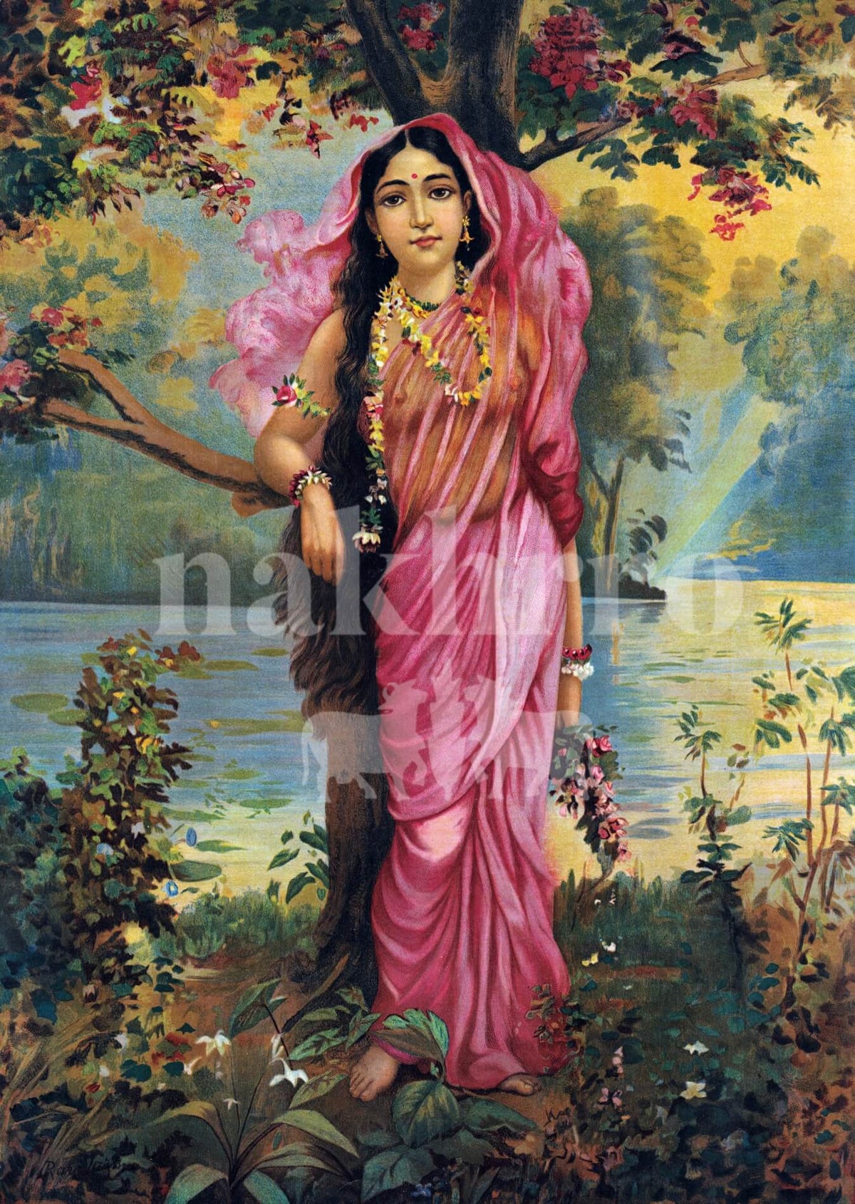Radha in Bloom – Pink Saree Indian Art Print | Raja Ravi Varma Inspired | Museum-Grade Quality - Nakhrro