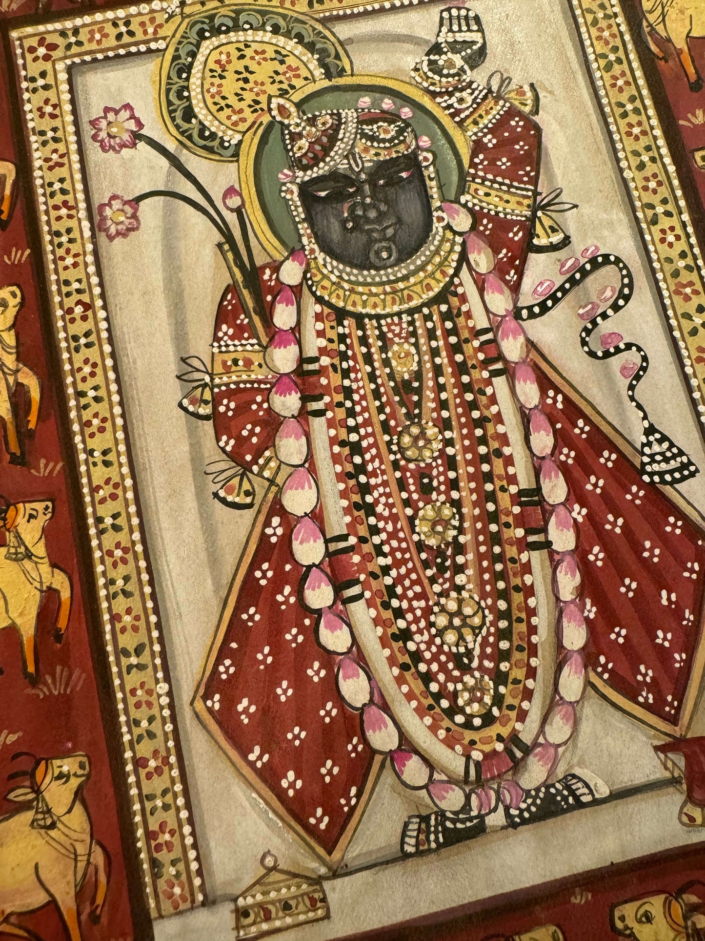 Red Shrinath Ji Around Kamdhenu Pichwai Contemporary Pichwai Antique Finish - Nakhrro