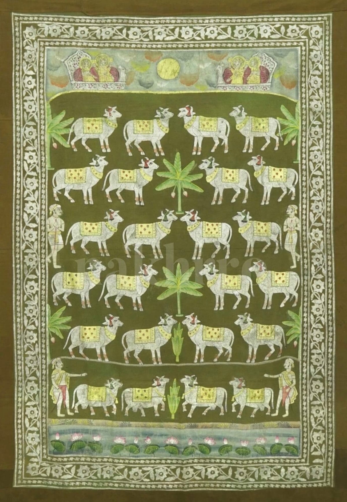 Green Cows Of Pichwai Around Palm Trees - Nakhrro