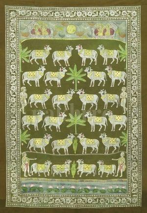 Green Cows Of Pichwai Around Palm Trees - Nakhrro