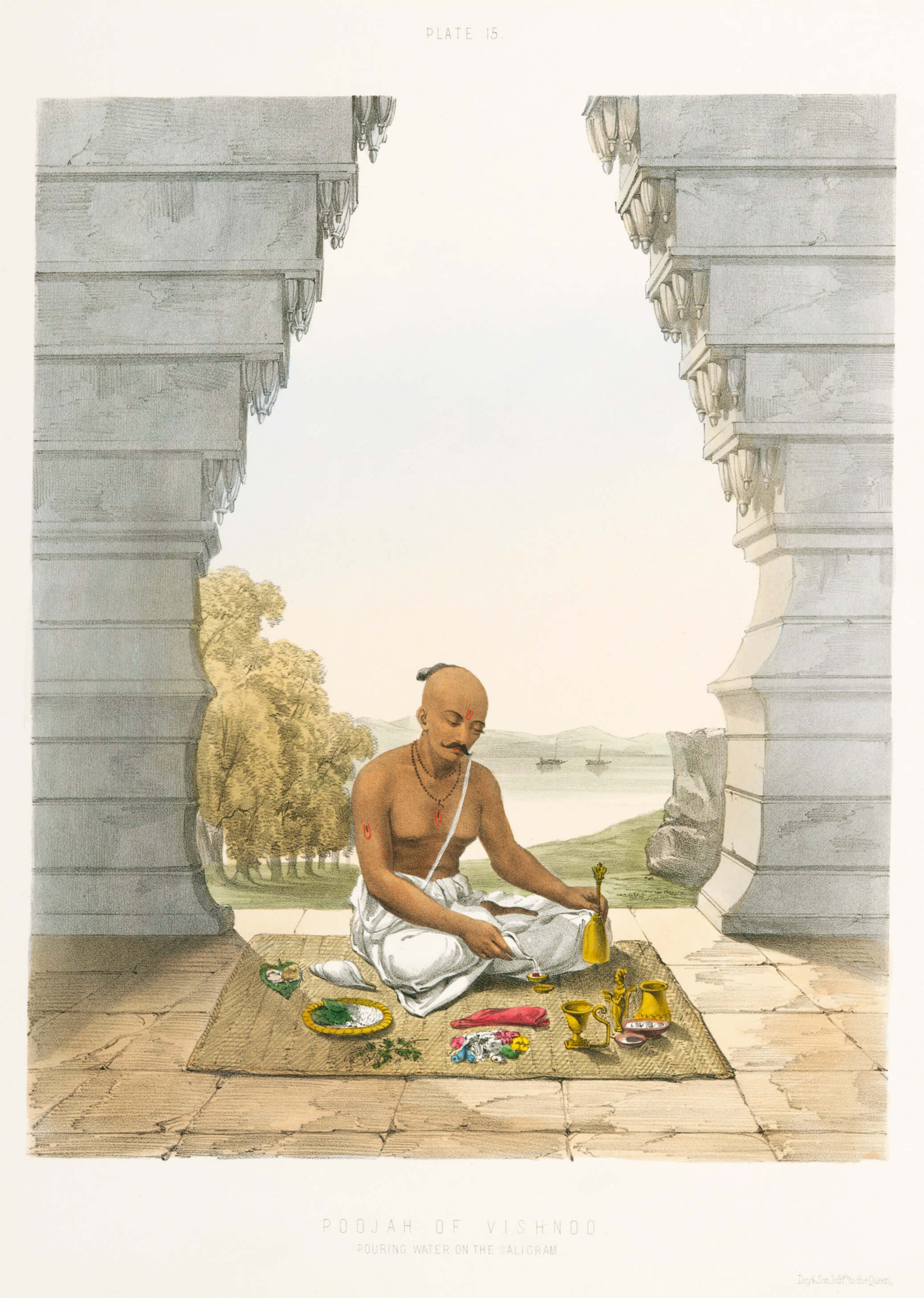 Man performing a ritual in a classical setting with architectural elements.