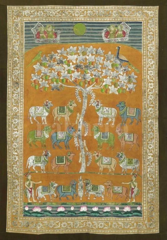 Orange Deccan Style Tree Of Life With Cows Pichwai
