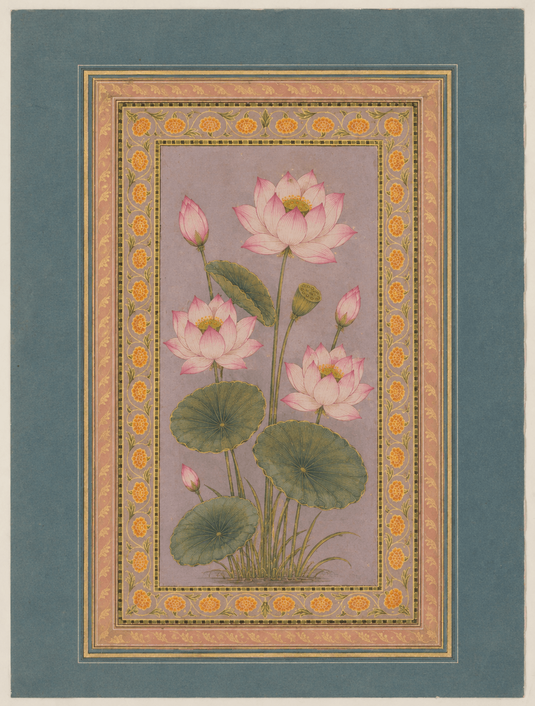 Pink Lotus botanical miniature on lavender with ornate rose and teal borders