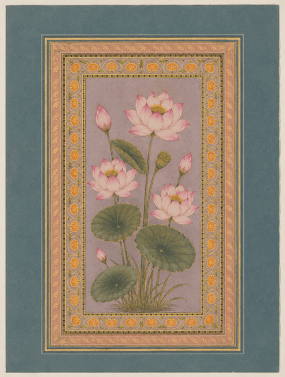 Pink Lotus botanical miniature on lavender with ornate rose and teal borders