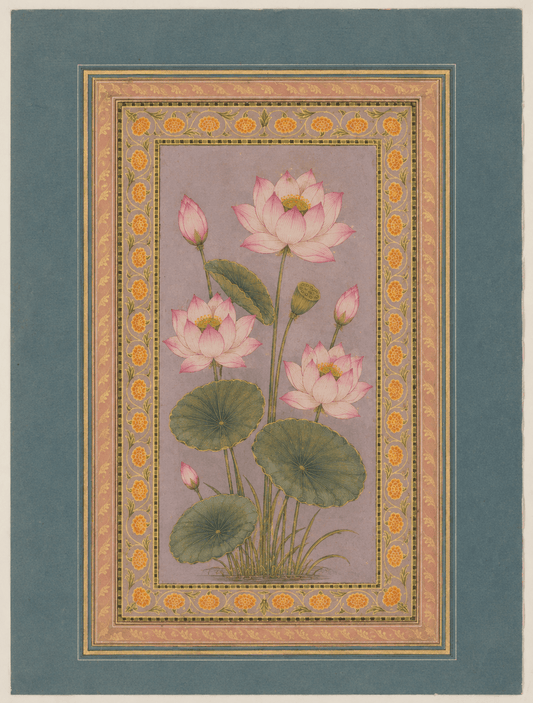 Pink Lotus botanical miniature on lavender with ornate rose and teal borders
