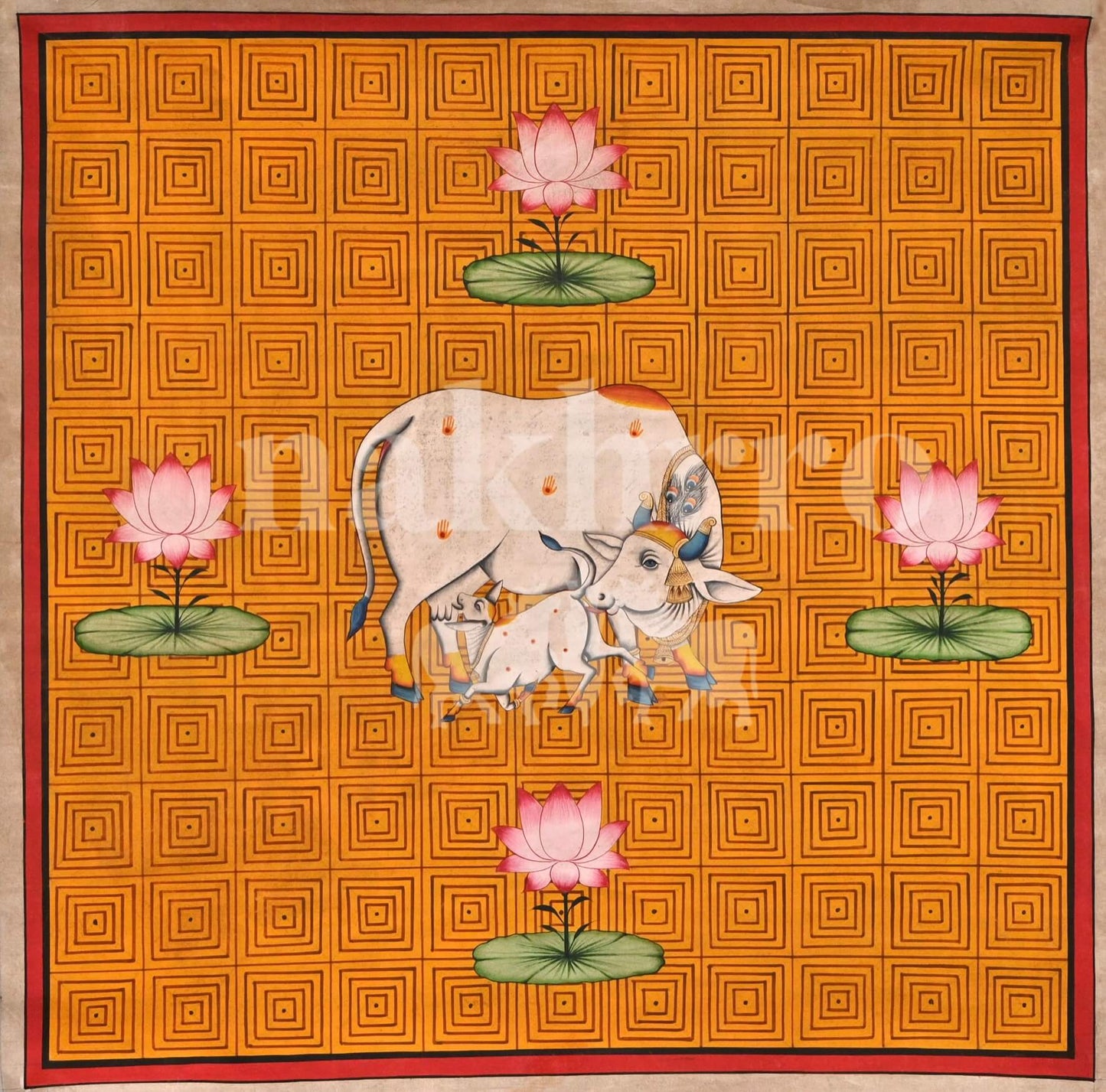 Kamdhenu Cow & Calf Pichwai – Orange Geometric Background | Museum-Grade Archival Print