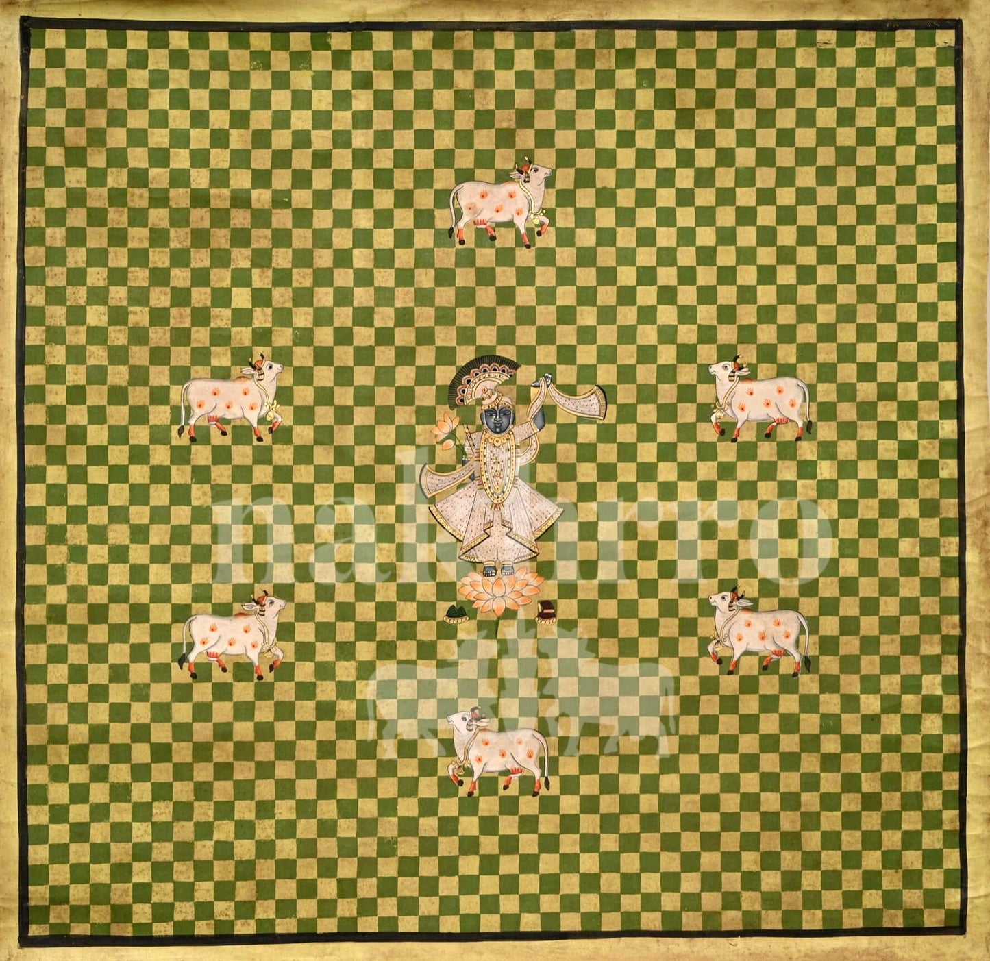 Green Checkered Shrinathji Pichwai Museum-Grade Archival Print | Contemporary Cow Motif Artwork
