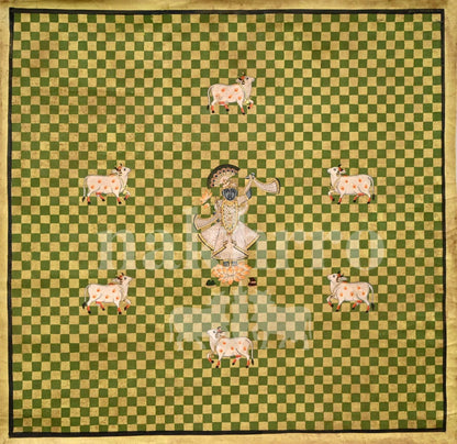 Green Checkered Shrinathji Pichwai Museum-Grade Archival Print | Contemporary Cow Motif Artwork