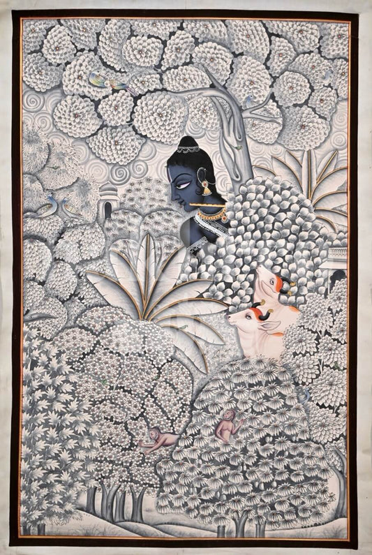 Minimal Black & White Krishna Nidhivan Wall Art (Museum-Grade)