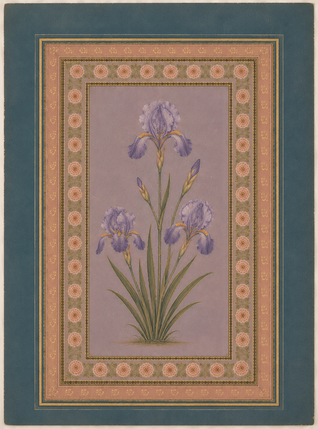 Purple Iris botanical miniature on lavender with ornate rose and teal borders