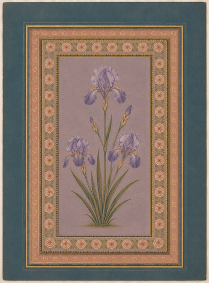 Purple Iris botanical miniature on lavender with ornate rose and teal borders