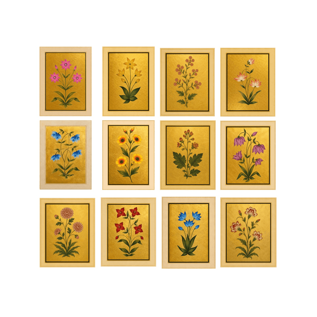 Mughal Flora Gallery Wall | Set of 12 Botanical Miniatures on Gold | Museum-Grade Indian Art for Living Room and Dining - Nakhrro