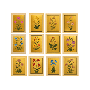 Mughal Flora Gallery Wall | Set of 12 Botanical Miniatures on Gold | Museum-Grade Indian Art for Living Room and Dining - Nakhrro