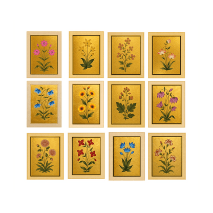 Mughal Flora Gallery Wall | Set of 12 Botanical Miniatures on Gold | Museum-Grade Indian Art for Living Room and Dining - Nakhrro