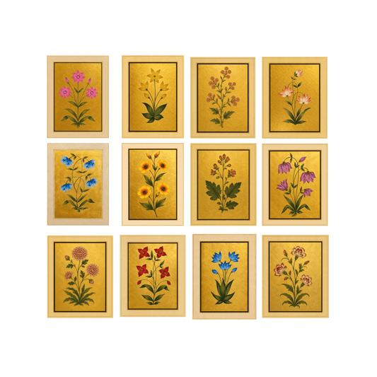Mughal Flora Gallery Wall | Set of 12 Botanical Miniatures on Gold | Museum-Grade Indian Art for Living Room and Dining - Nakhrro