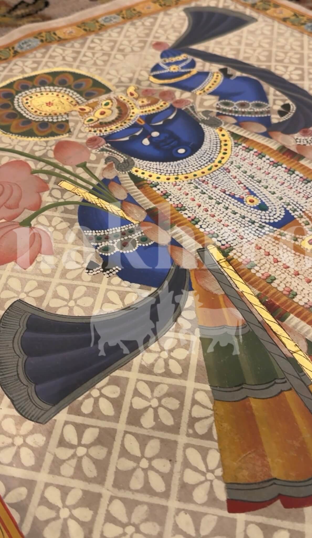 Shrinathji Shringar — Full Figure Pichwai with Lotus & Pearl Garlands - Nakhrro