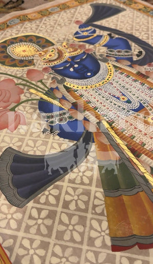 Shrinathji Shringar — Full Figure Pichwai with Lotus & Pearl Garlands - Nakhrro