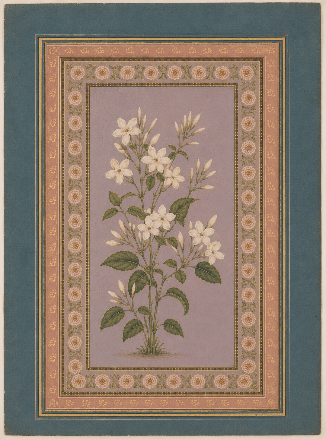 Mughal Botanical Gallery Wall Set of 6 | Floral Miniatures in Lavender and Rose | Museum-Grade Indian Art for Living Room