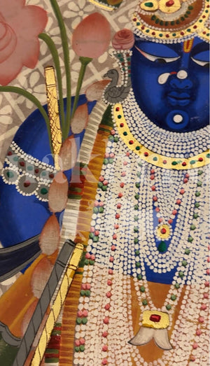 Shrinathji Shringar — Full Figure Pichwai with Lotus & Pearl Garlands - Nakhrro