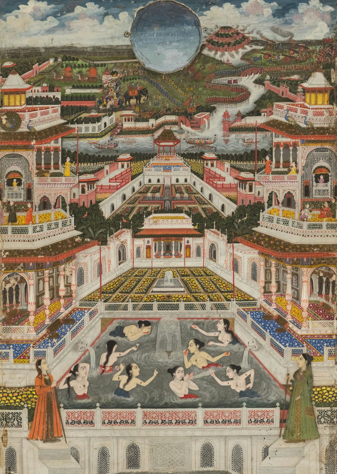Royal Garden Bathing Pool Painting | Hand-Painted Miniature Art