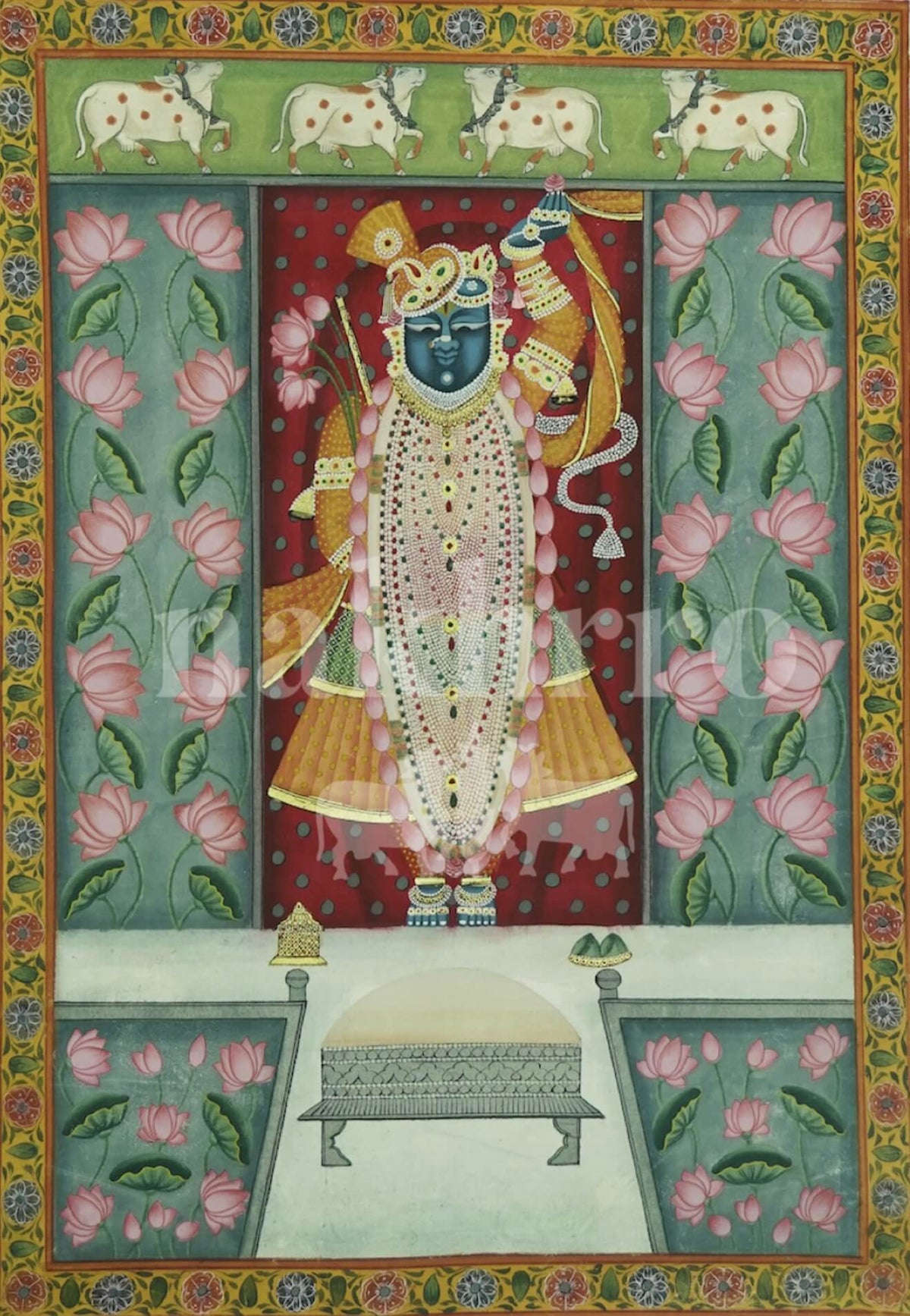 Shrinathji Pichwai Art Print – Red & Teal Lotus Panel, Museum-Grade Canvas - Nakhrro