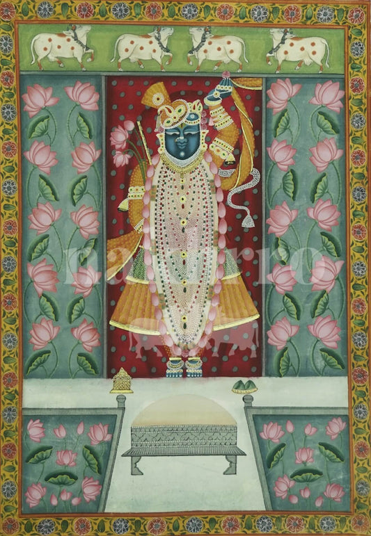 Shrinathji Pichwai Art Print – Red & Teal Lotus Panel, Museum-Grade Canvas