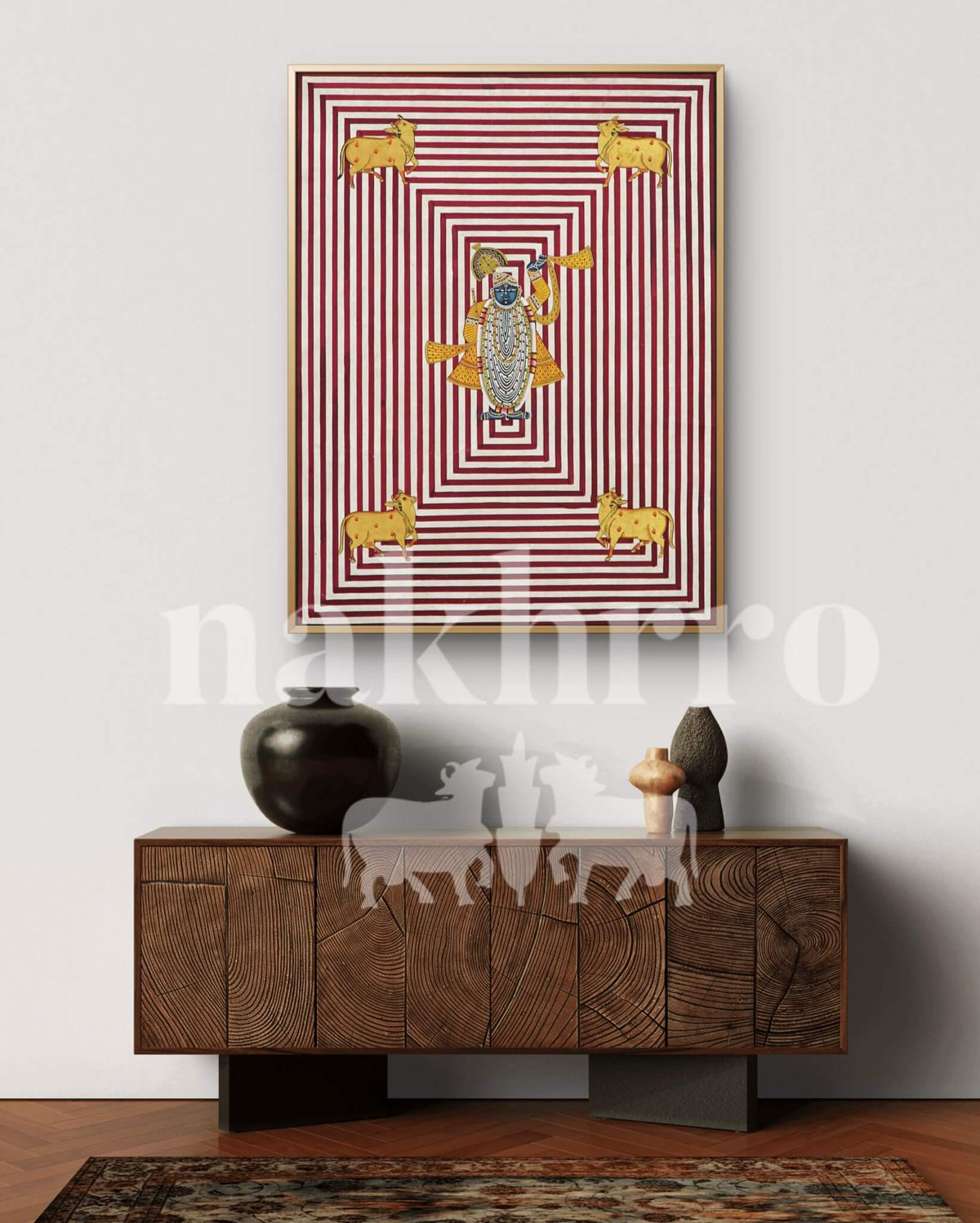 Shrinathji Geometric Pichwai | 18x18 inch Minimal Hand-Painted with 4 Kamdhenu Cows - Nakhrro