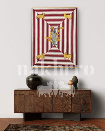 Shrinathji Geometric Pichwai | 18x18 inch Minimal Hand-Painted with 4 Kamdhenu Cows - Nakhrro