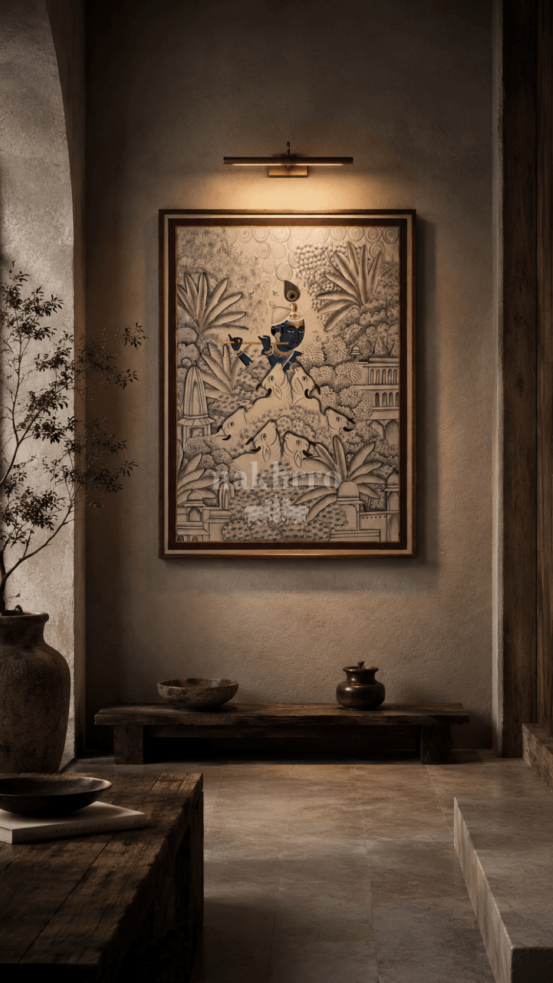 Krishna with Cows | Monochromatic Pichwai in Mauve and Indigo | Museum-Grade Pichwai Print for Foyer and Living Room