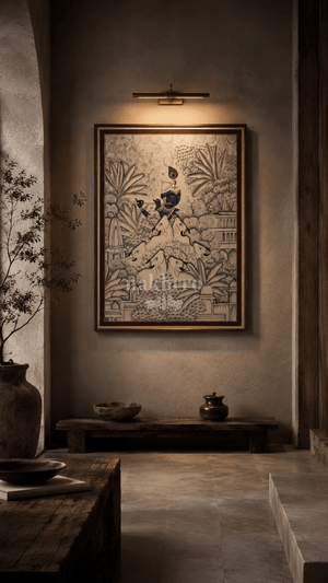 Krishna with Cows | Monochromatic Pichwai in Mauve and Indigo | Museum-Grade Pichwai Print for Foyer and Living Room - Nakhrro