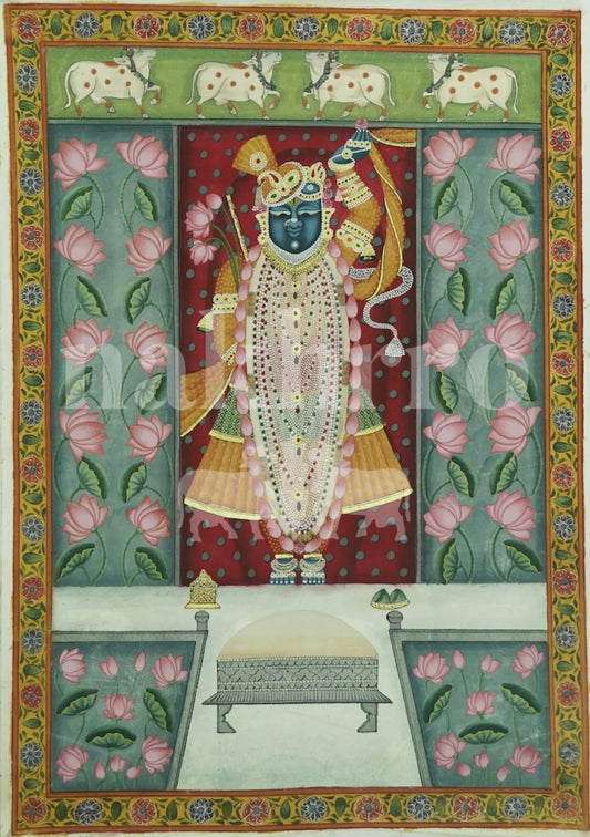 Shrinathji Haveli Darshan with Lotus Panels & Sacred Cows by— Pichwai Art Print