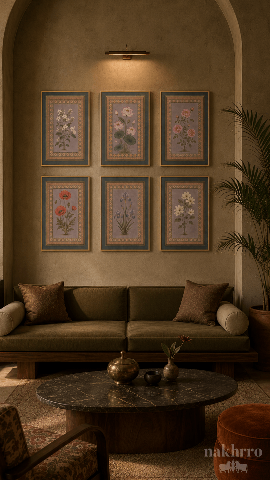 Mughal Botanical Gallery Wall Set of 6 | Floral Miniatures in Lavender and Rose | Museum-Grade Indian Art for Living Room - Nakhrro