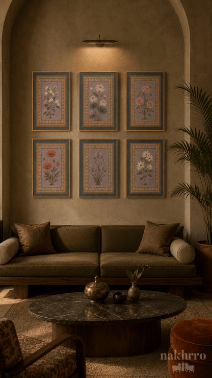 Mughal Botanical Gallery Wall Set of 6 | Floral Miniatures in Lavender and Rose | Museum-Grade Indian Art for Living Room - Nakhrro