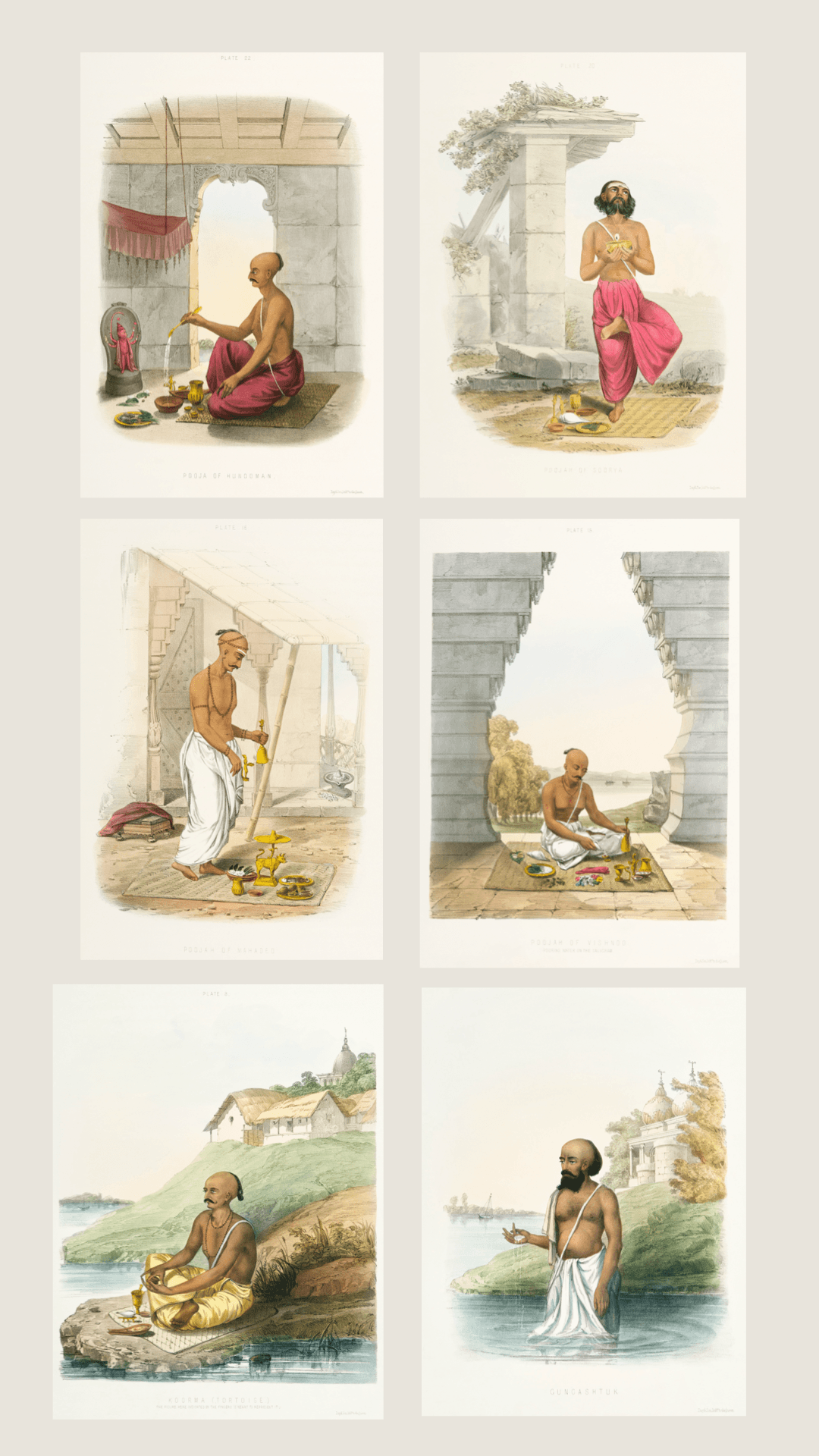 Set of 6 Pundits of India antique lithograph prints framed on living room wall