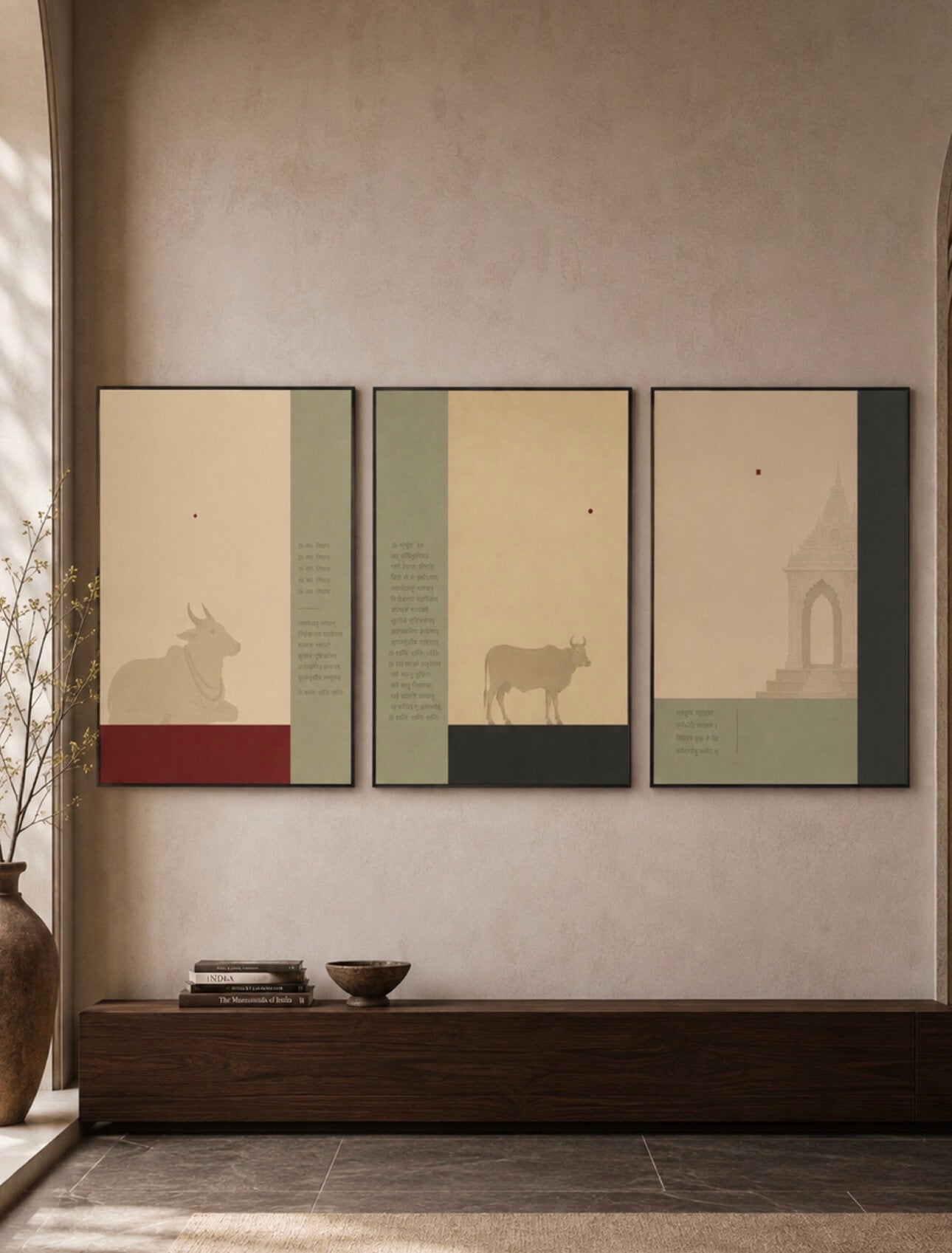 Sacred India Triptych – Nandi, Cow & Temple Art Print Set