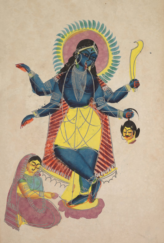 Krishna as Kali, Worshipped by Radha | Kalighat Art Print