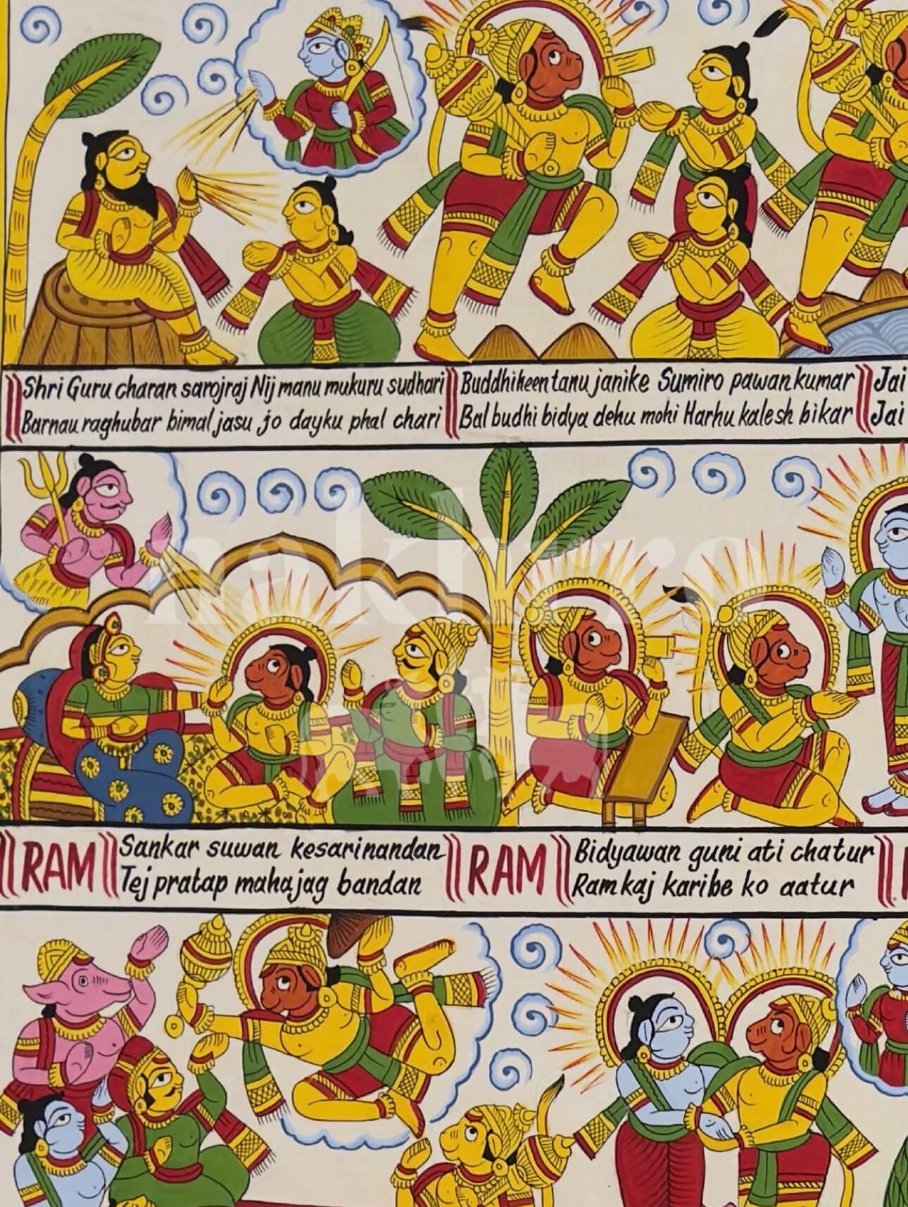 Hanuman Chalisa Phad Painting | Complete Illustrated Chalisa in Red and Ivory | Museum-Grade Archival Art Print