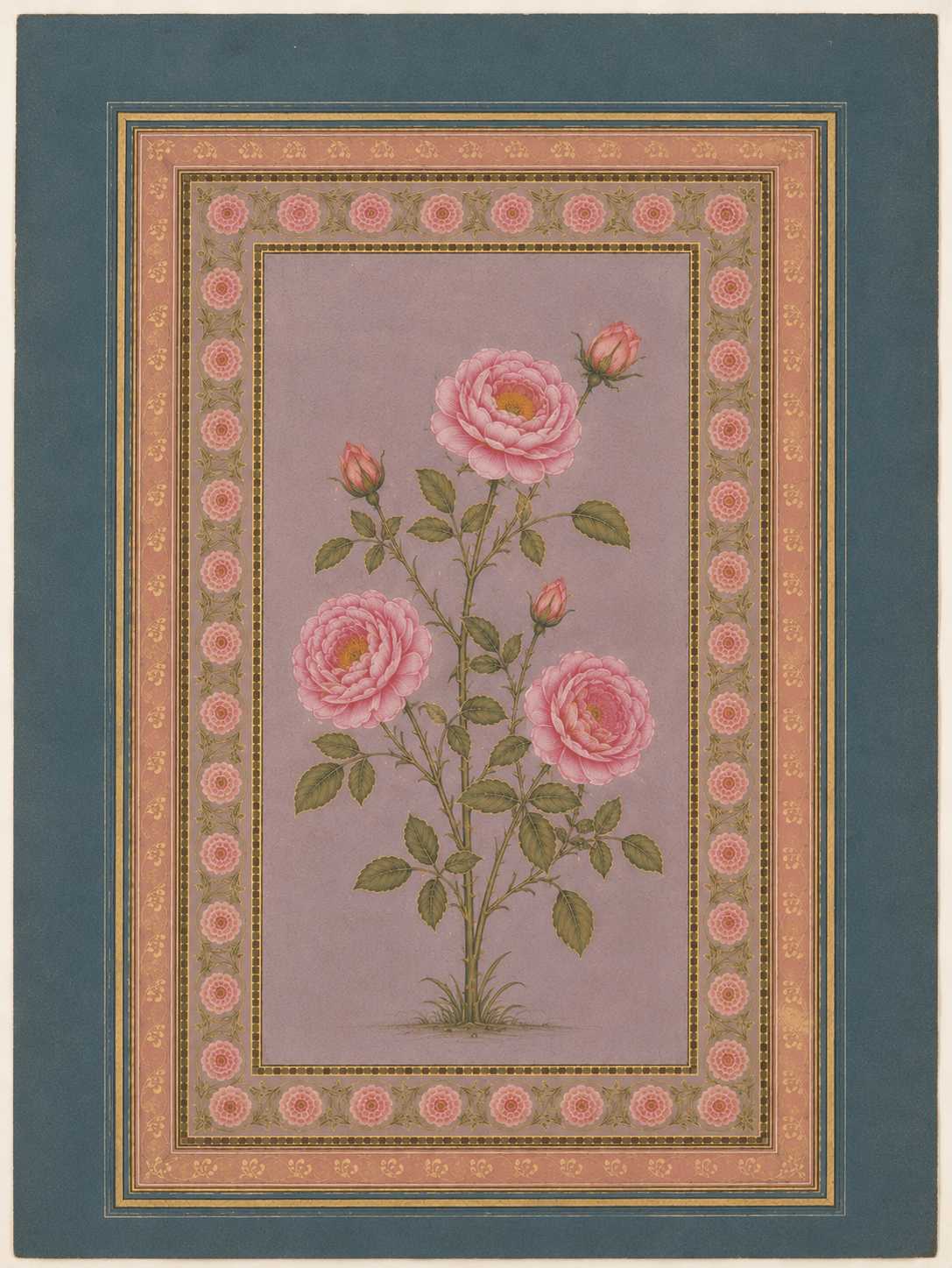 Pink Roses botanical miniature on lavender with ornate rose and teal borders