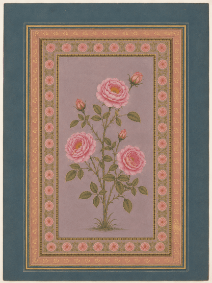 Pink Roses botanical miniature on lavender with ornate rose and teal borders