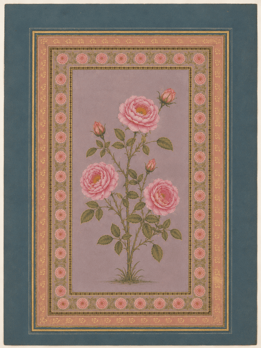 Pink Roses botanical miniature on lavender with ornate rose and teal borders