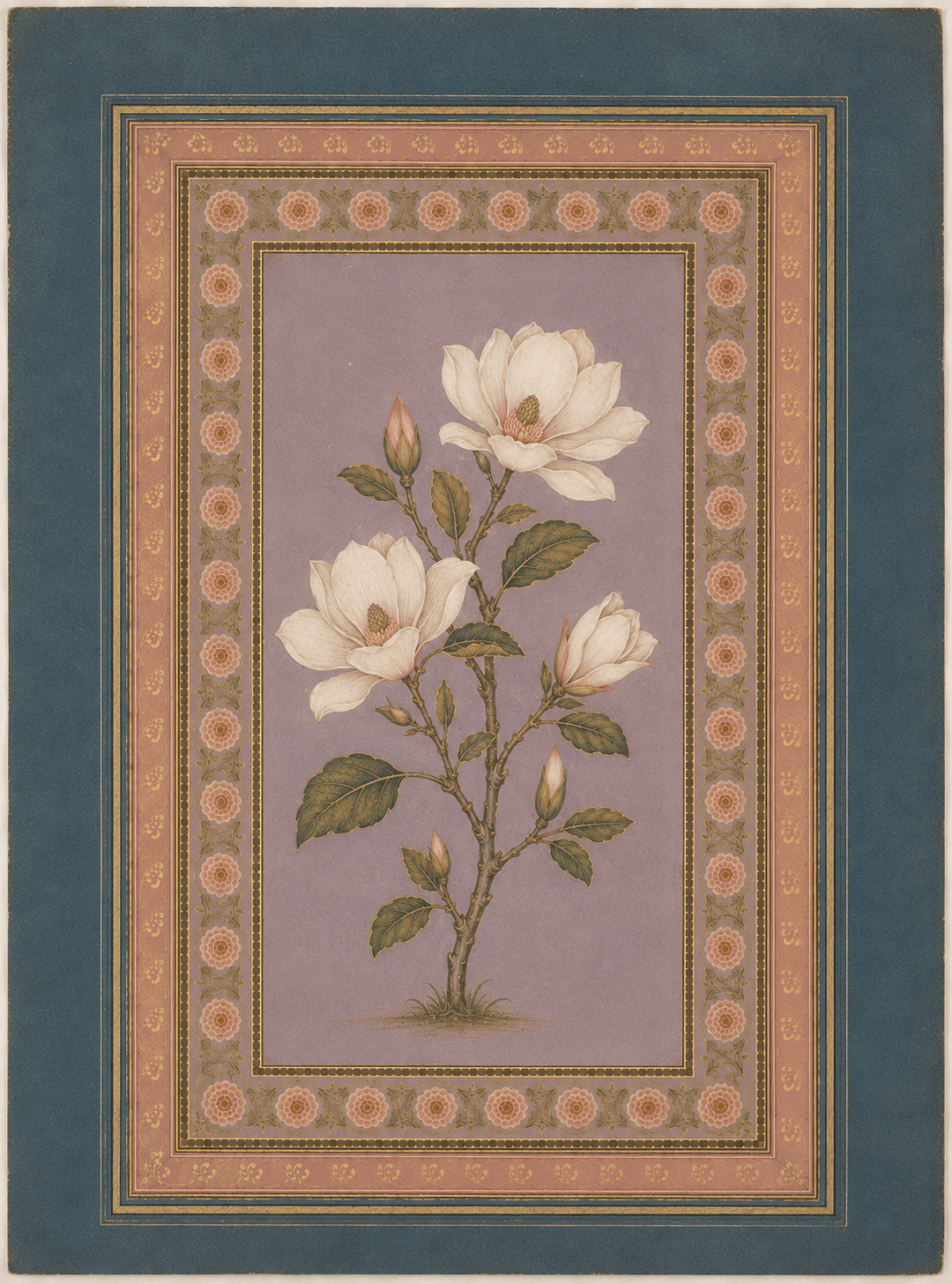 Ivory Blossoms botanical miniature on lavender with ornate rose and teal borders