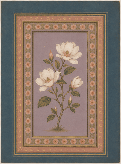 Ivory Blossoms botanical miniature on lavender with ornate rose and teal borders
